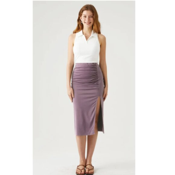 Ruching Slit Midi Skirt - Medium Taro Purple - Picture 2 of 6